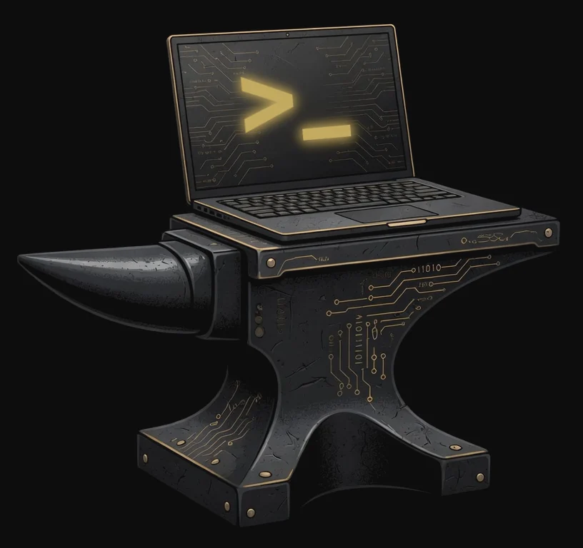 A laptop showing a gold command prompt, resting on a blacksmith's anvil